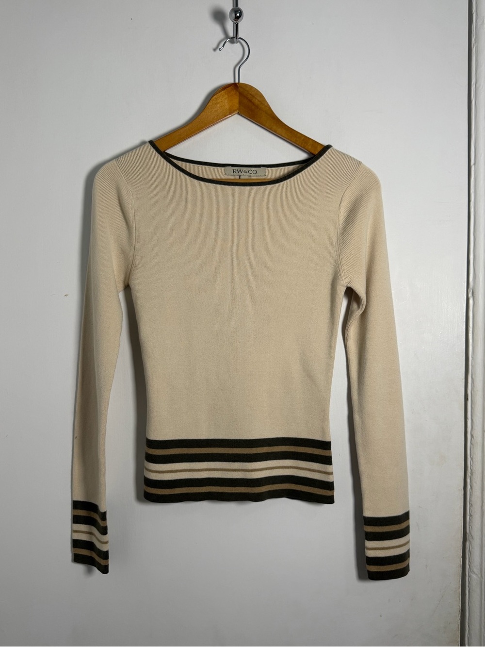 Vintage RW& CO Cream Knit Sweater with Green Stripes